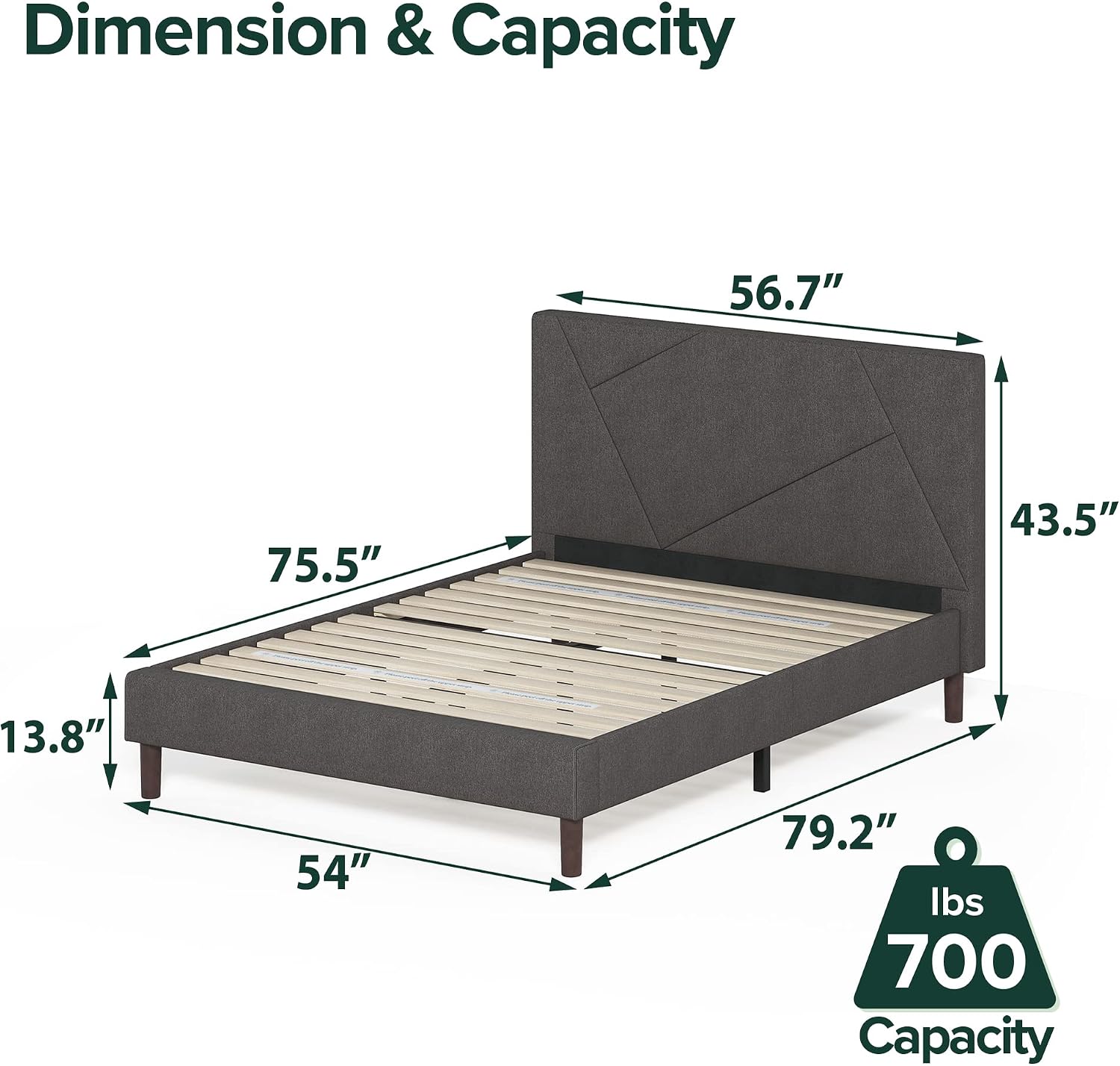 Zinus Judy Upholstered Platform Bed Frame, Mattress Foundation, Wood Slat Support, No Box Spring Needed, Easy Assembly, Full Grey