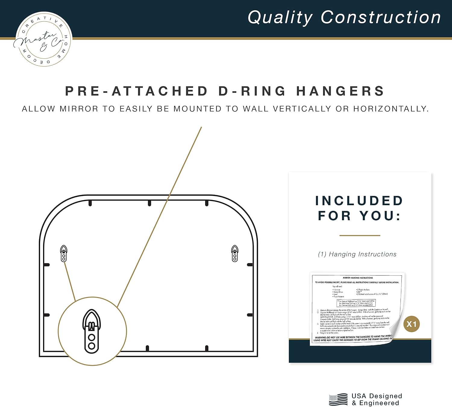 MCS Master & Co. Modern Metal Large Wall Mirror, Minimalist Home Decor Mantle Arch Mirror for Living Room, Bedroom, or Bathroom, 24 by 36 Inch, Brass