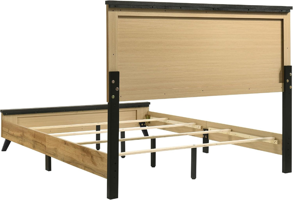 Benzara Wemy 5 Piece Queen Size Bed Set, Rustic Brown Pine Wood, Tapered Legs