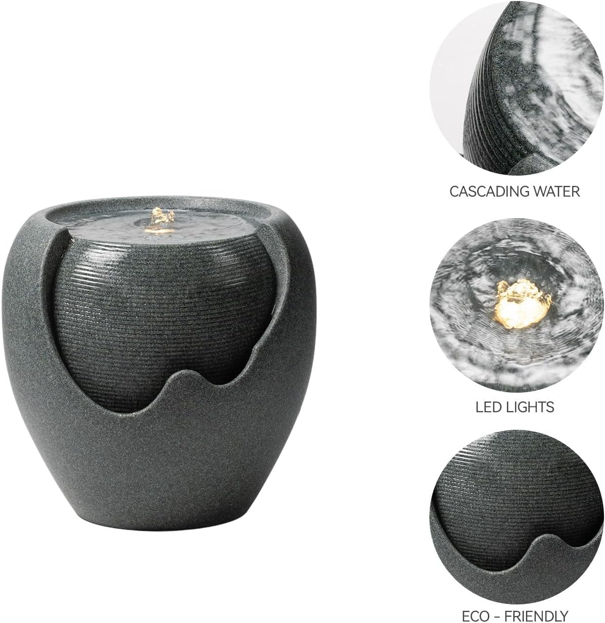 16.93' H Outdoor Water Fountain Made with Eco-Friendly Recyclable Materials, Polyethylene Round Bubbler Water Fountain Outdoor, Garden Decor with LED Light for Patio, Porch, Backyard (16.93')