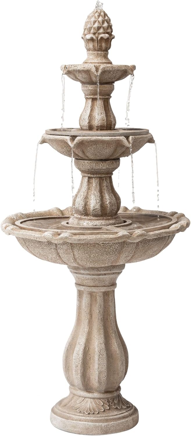 XBrand 51' 3-Tier Outdoor Freestanding Waterfall Fountain with Pump and Pineapple Finial, Beige