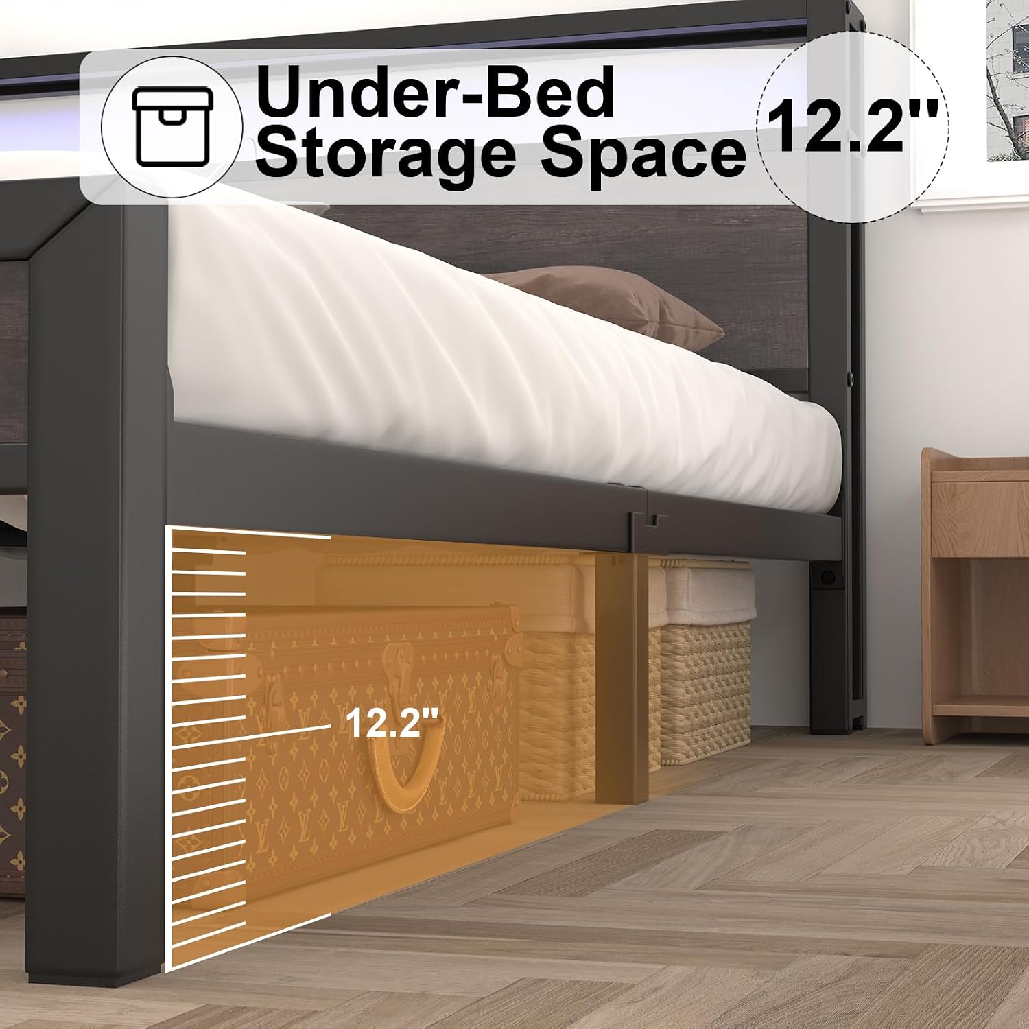 LoVinson Queen Size Bed Frame with Charging Station and LED Lights, Metal Platform Bed with 2-Tier Storage Headboard, Noise Free, No Box Spring Needed, Easy Assembly, Grey