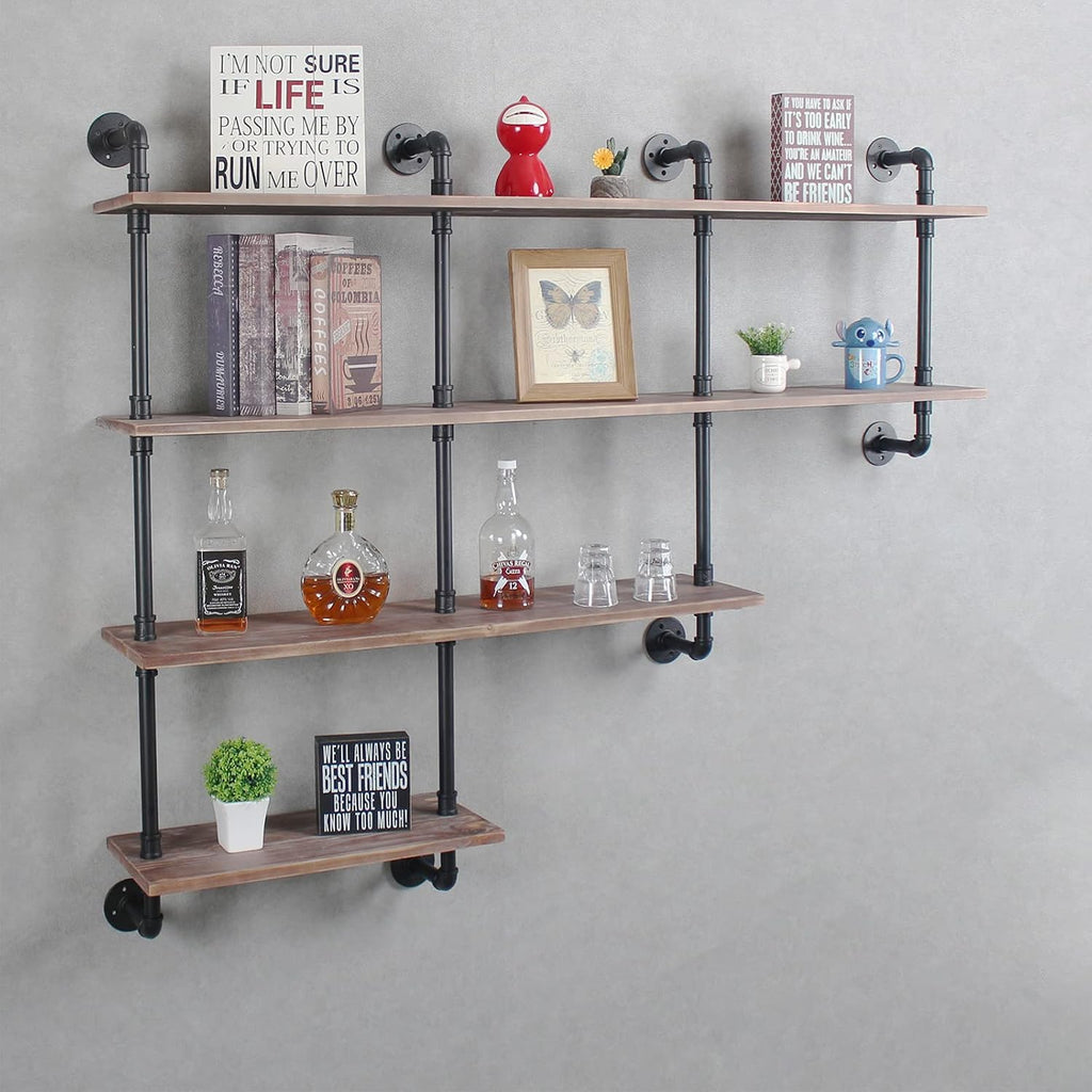 MBQQ 4-Tiers 63inch Industrial Pipe Shelving,Rustic Wooden&Metal Floating Shelves,Home Decor Shelves Wall Mount with Wine Rack,Decorative Accent Wall Book Shelf for Kitchen,Retro Brown