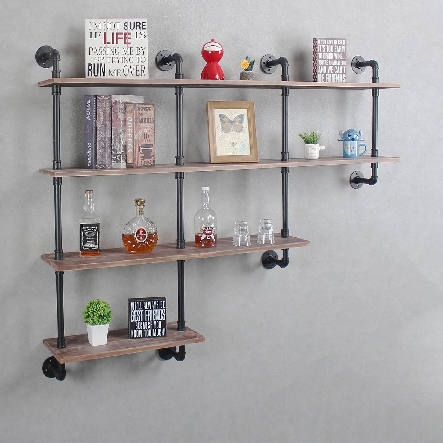 MBQQ 4-Tiers 63inch Industrial Pipe Shelving,Rustic Wooden&Metal Floating Shelves,Home Decor Shelves Wall Mount with Wine Rack,Decorative Accent Wall Book Shelf for Kitchen,Retro Brown