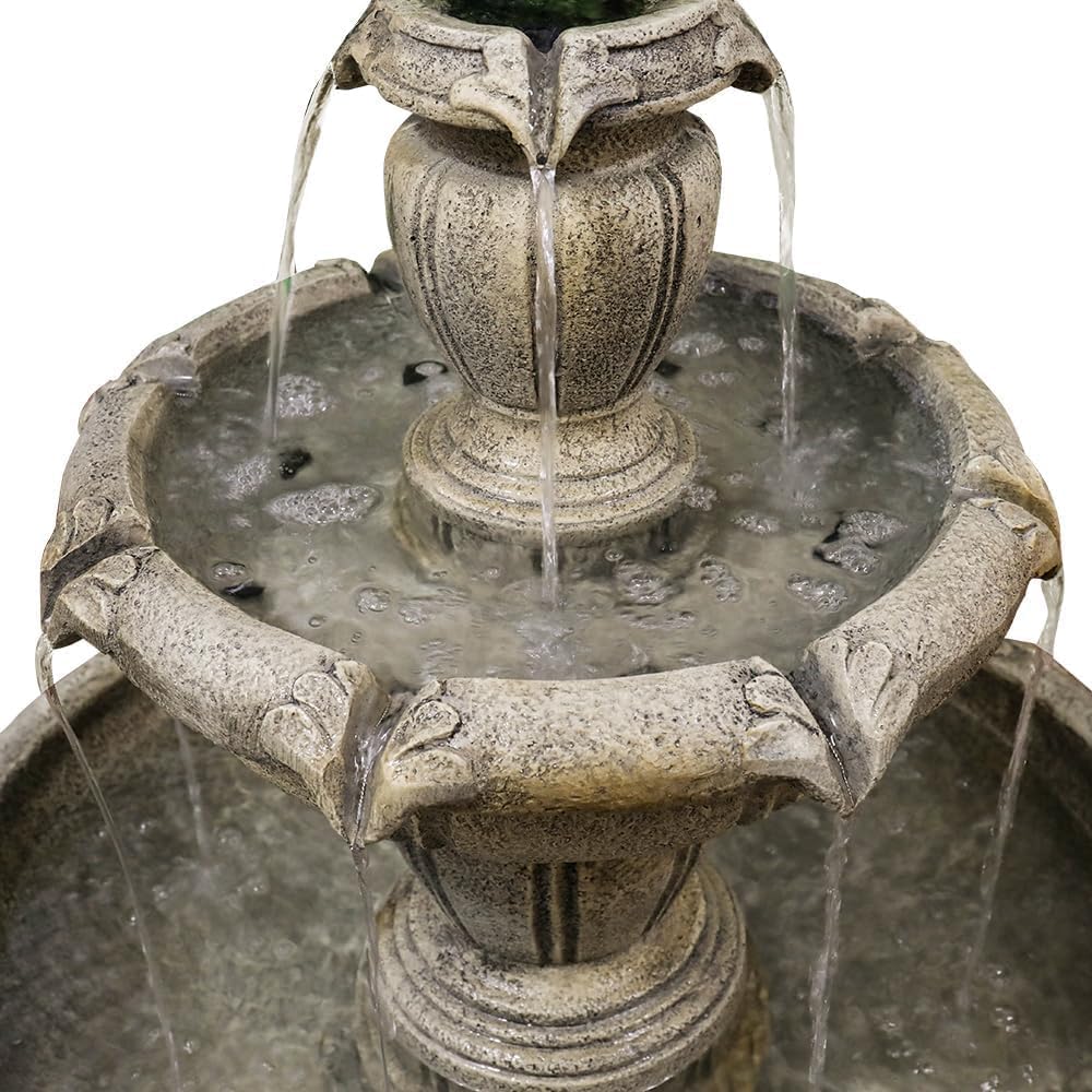 48' H Outdoor Floor Water Fountain, 3-Tiers Concrete Water Fountain with Submersible Electric Pump - Garden Cascading Waterfall for Yard Patio Lawn Home Decor