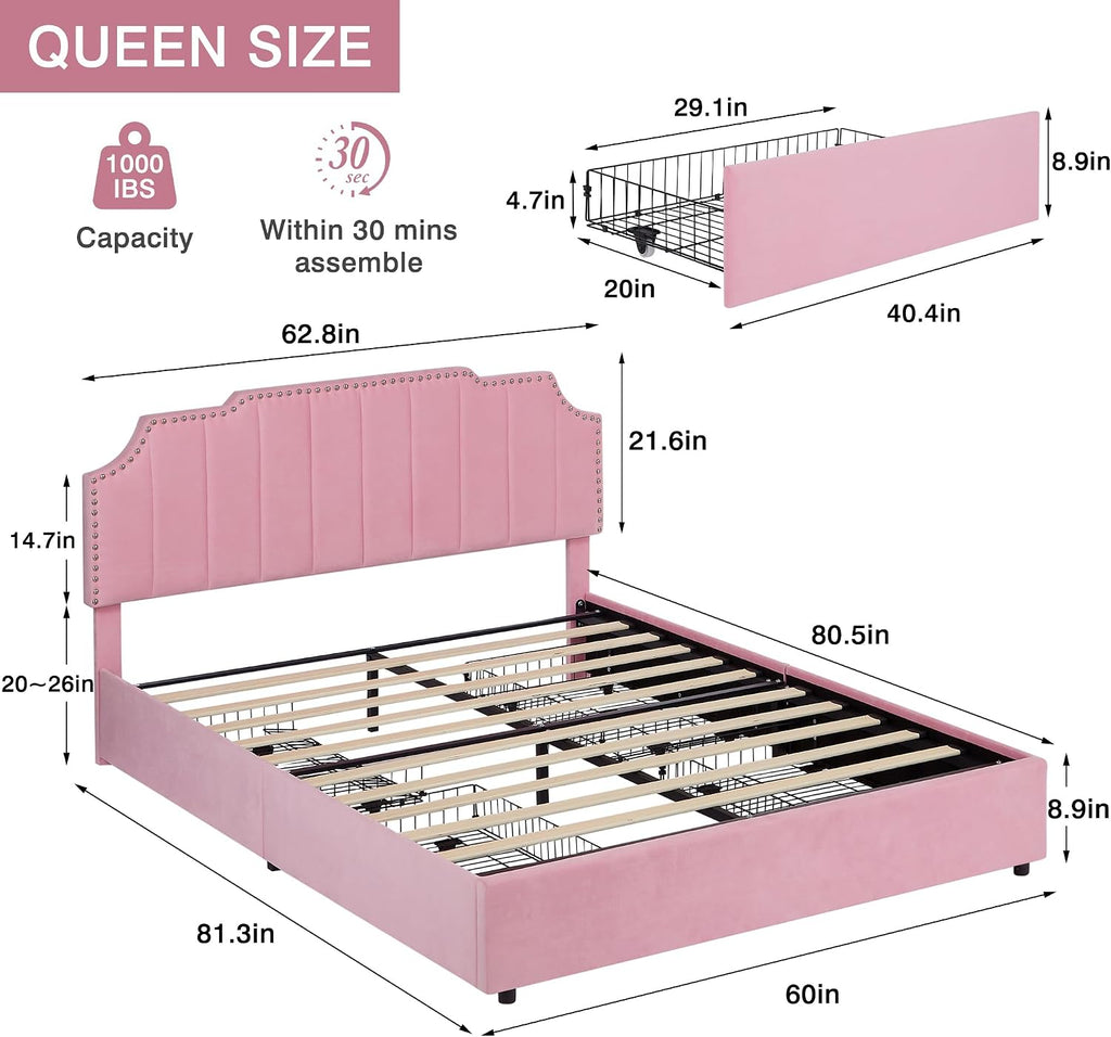 VECELO Queen Upholstered Platform Bed Frame with 4 Storage Drawers,Velvet Vintage Queen Bed with Nailhead Trim,Tufted Height Adjustable Headboard,Wooden Slats/No Box Spring Needed/Easy Assembly
