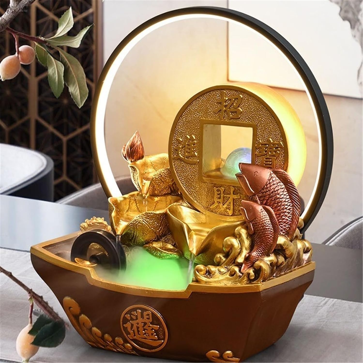 Tabletop Fountain Waterfall Light Luxury Water Ornaments Circulating Waterscape with Feng Shui Wheel Meditation Fountain(Large)