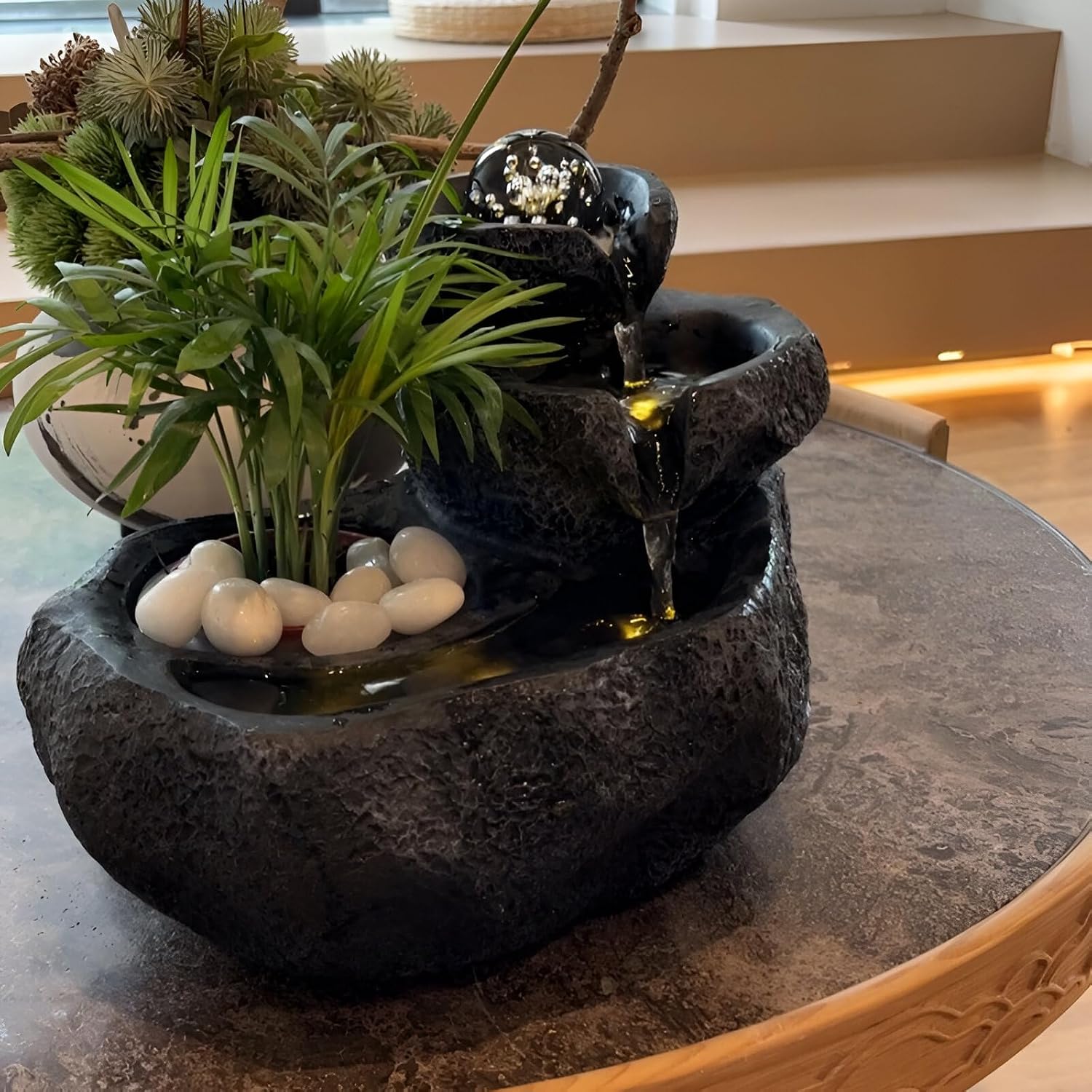 11.42' Indoor Tabletop Fountain with 3-Tier Flow, RGB LED Lights, Decorative Bubble Ball, Mist Maker & 10 Natural Crystals – Zen Resin Waterfall for Home Office Decor & Meditation (Black)