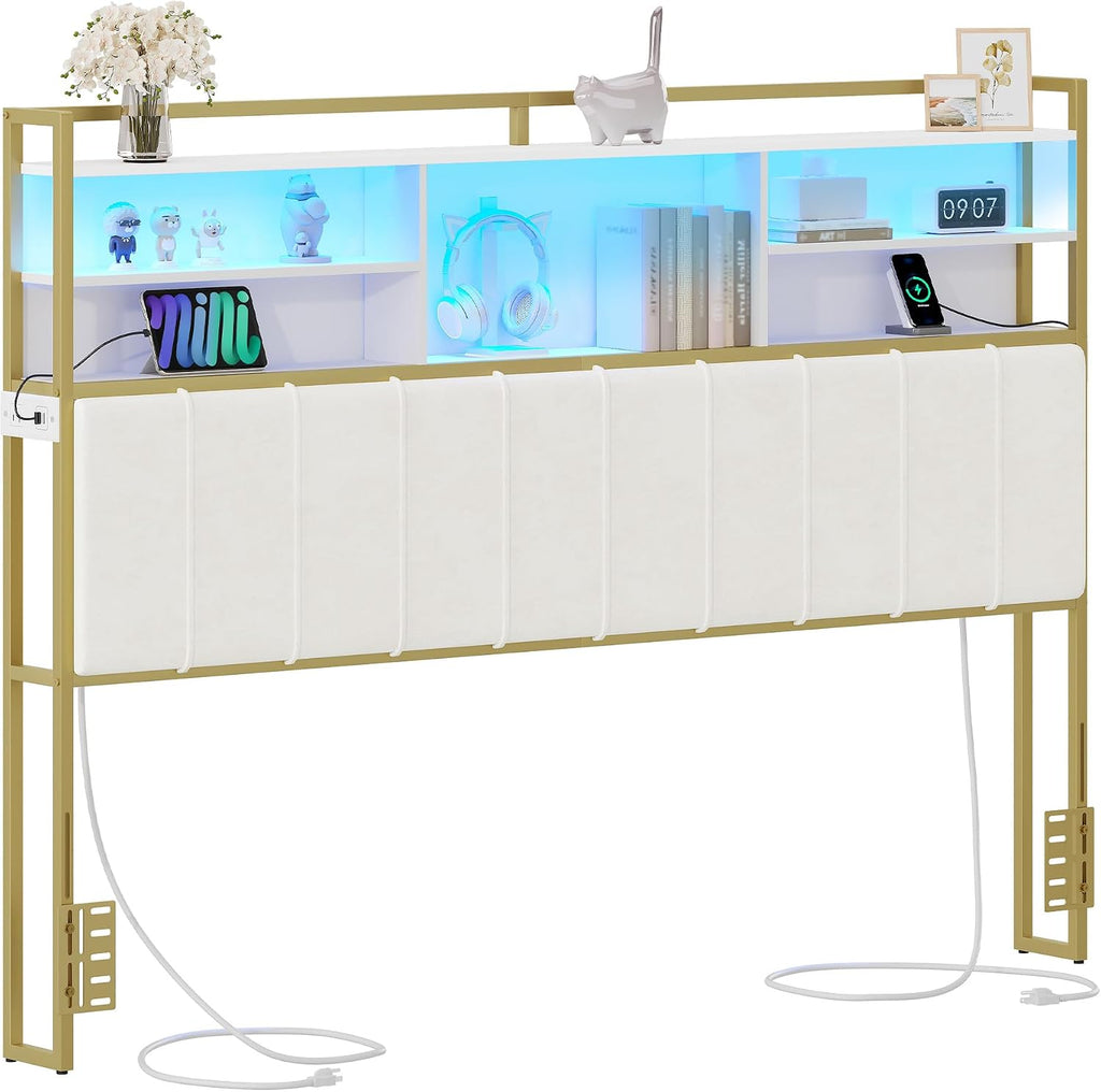 Hzuaneri Headboard with 3-Tier Storage Shelves, Velvet Upholstered Head Board with 2 Outlets, USB Ports & LED Light, Soft Backrest for King Size Bed, White and Gold BH19403A