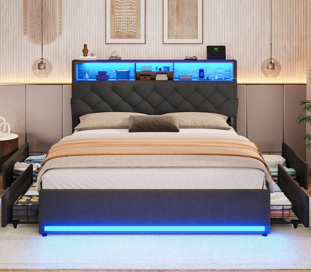 BTHFST Full Size Bed Frame with 4 Drawers & Charging Station, LED Bed Frame Full Size with Hidden Storage Headboard, Upholstered Metal Bed Full, No Box Spring Needed, Dark Grey