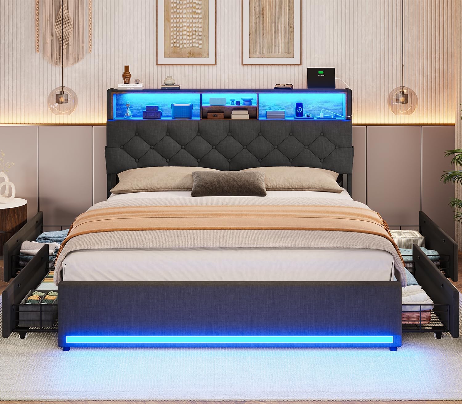 BTHFST Full Size Bed Frame with 4 Drawers & Charging Station, LED Bed Frame Full Size with Hidden Storage Headboard, Upholstered Metal Bed Full, No Box Spring Needed, Dark Grey