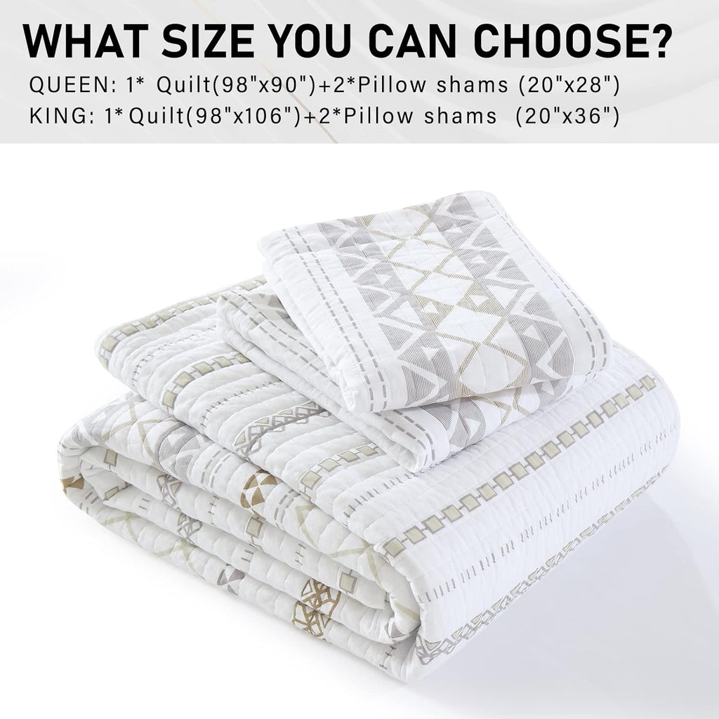 PERHOM Cotton Quilt King Size - 3 Pieces 100% Cotton Boho Striped Lightweight Soft Beige Gray White King Quilt Set with 2 Shams, Bohemian Pattern King Bedspread/Coverlet/Bedding Set for All Seasons