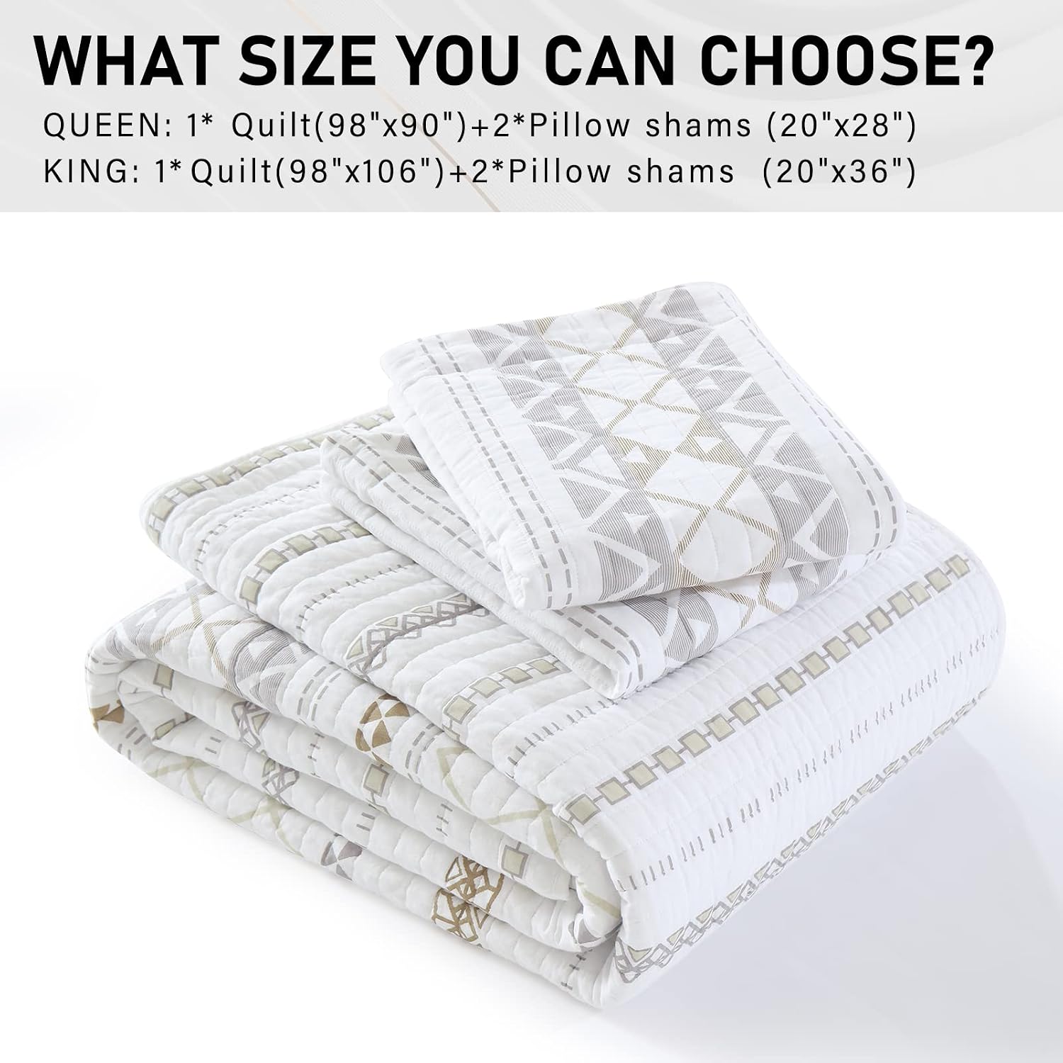 PERHOM Cotton Quilt King Size - 3 Pieces 100% Cotton Boho Striped Lightweight Soft Beige Gray White King Quilt Set with 2 Shams, Bohemian Pattern King Bedspread/Coverlet/Bedding Set for All Seasons