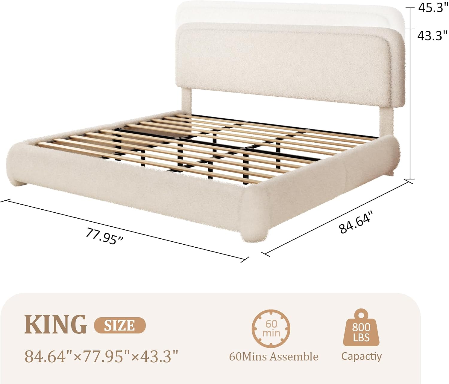 King Size Boucle Bed Frame with Adjustable Headboard, Upholstered Cloud Platform Bed, Anti-Collision Soft Rounded Corners, Noise Free, No Box Spring Needed, Easy Assembly, Beige
