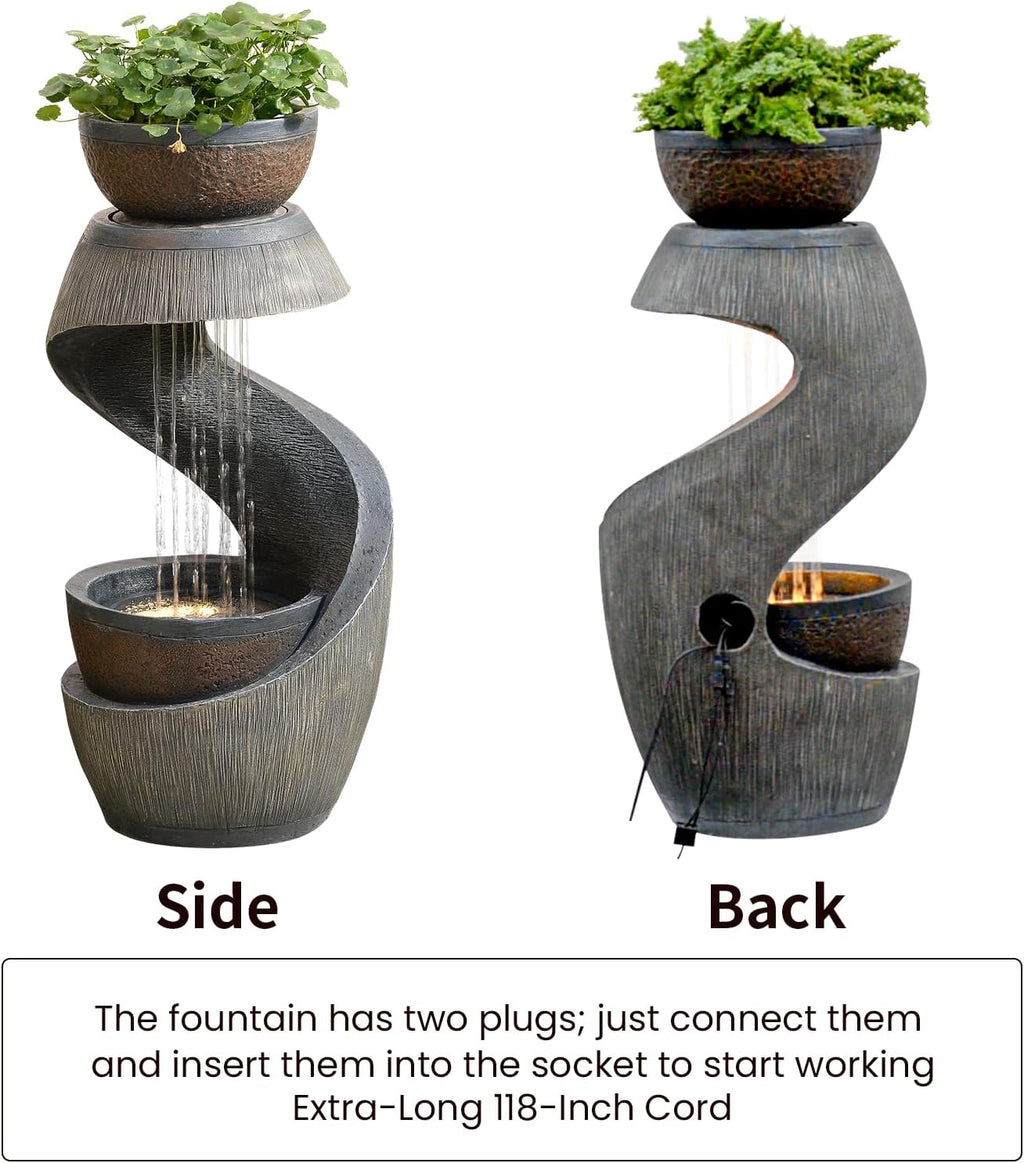 31.9' S-Shaped Outdoor Water Fountain with Lights – Resin Waterfall Fountain Outdoor with Planter Bowl, Modern Grey Garden Water Feature for Patio, Balcony, Yard, Home Decor