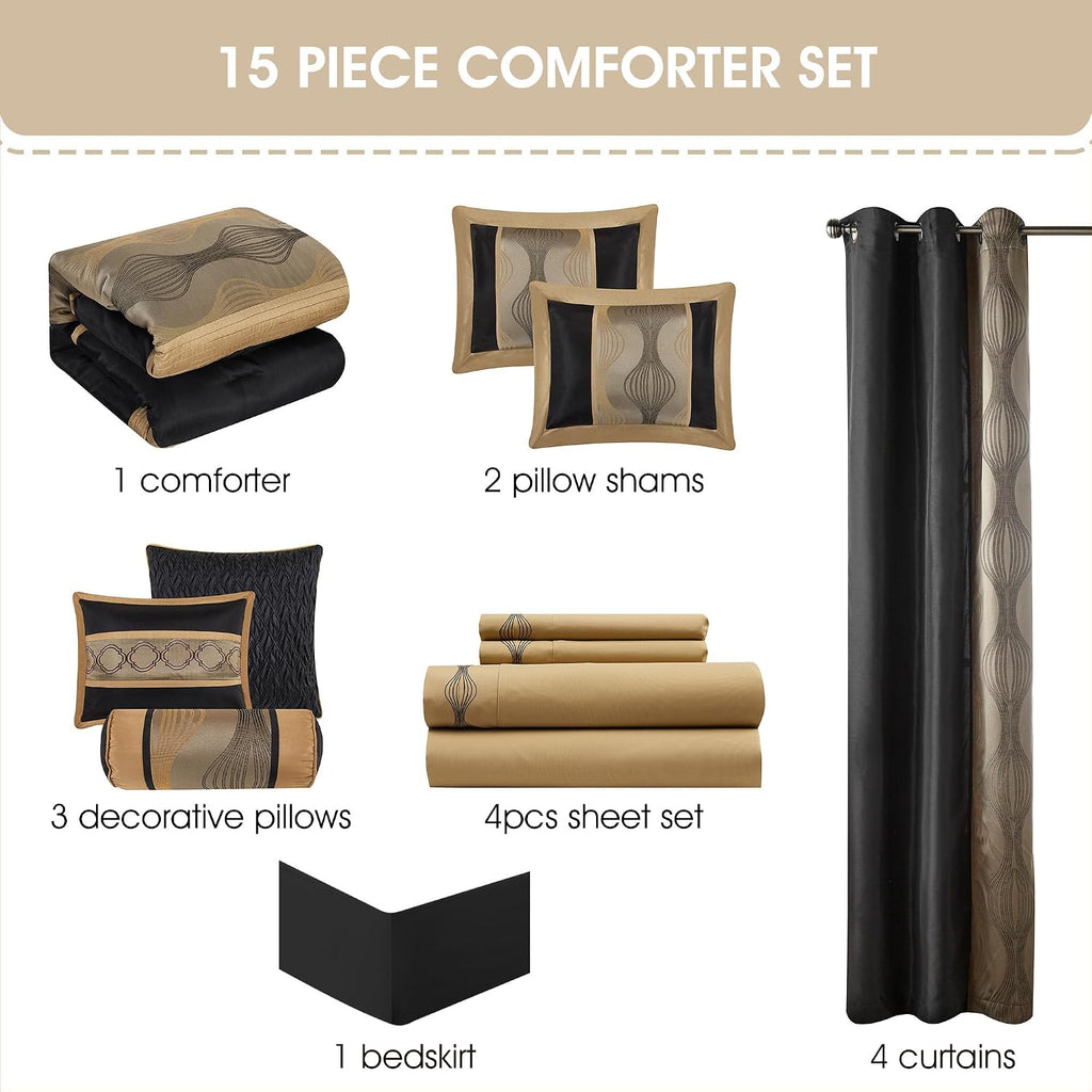 Grand Avenue Elegant Black and Gold Comforter Set King Size, Striped,15 Piece Room-in-A-Bag, Jacquard Bedding Set, All Season, Matching Decorative Pillows, Pillow Sham, Curtains