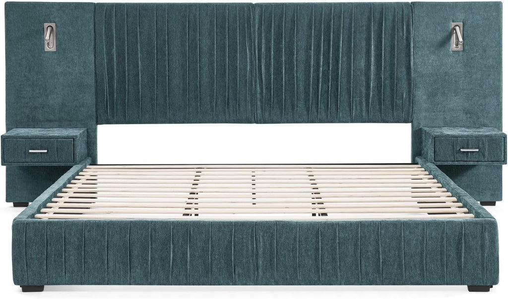 KEIKI Queen Size Chenille Bed Frame with 2 Nightstands, Lamps & Oversize Headboard, Solid Wood Frame Platform Night Stand Bedroom Set, Upholstered Floor Grounded Bed, No Box Spring Needed, Blue Green