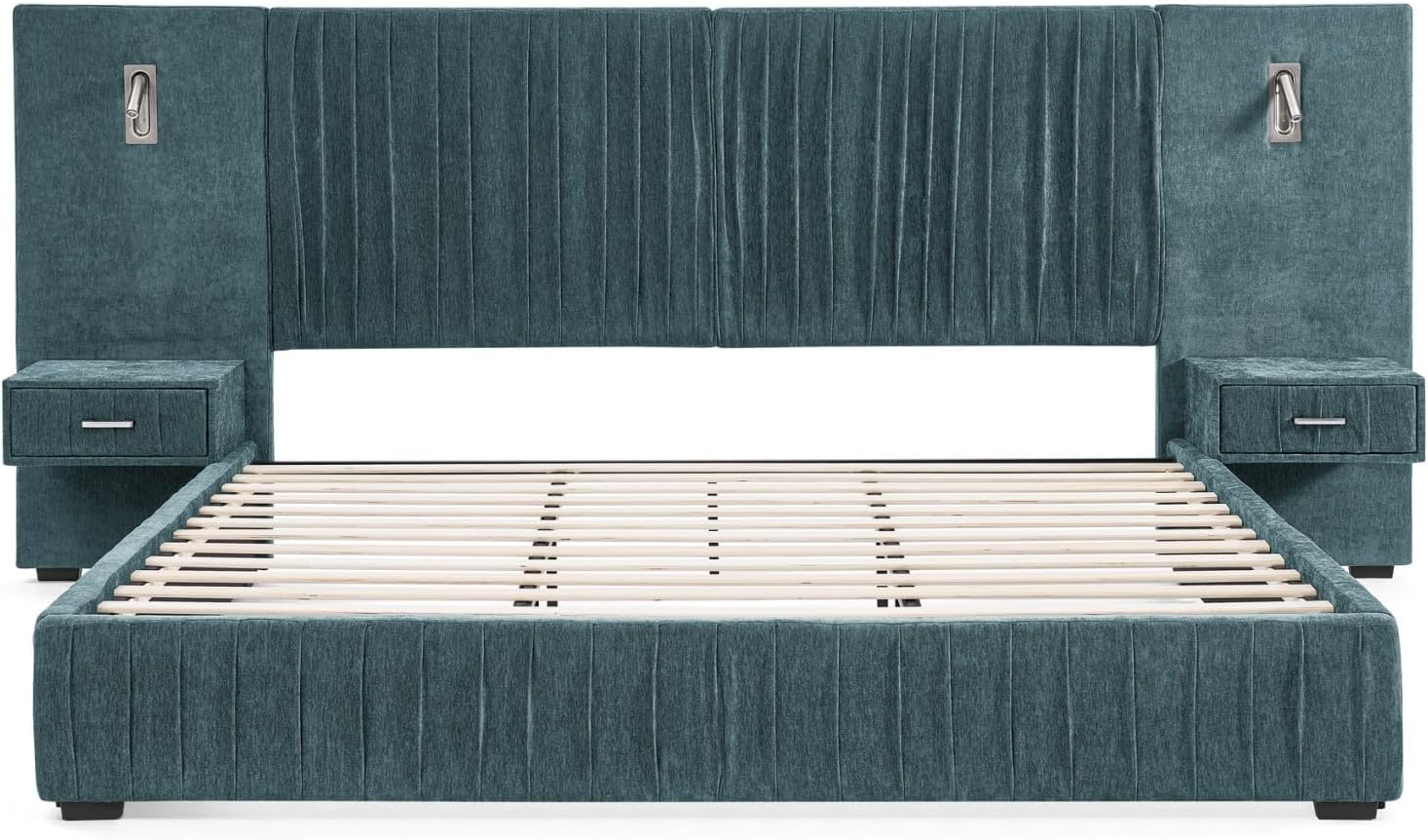 KEIKI Queen Size Chenille Bed Frame with 2 Nightstands, Lamps & Oversize Headboard, Solid Wood Frame Platform Night Stand Bedroom Set, Upholstered Floor Grounded Bed, No Box Spring Needed, Blue Green