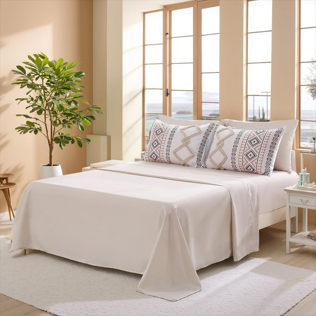 MOVE OVER Beige Tufted Comforter Set King Size 7 Pieces Boho Chic Farmhouse Bedding Set Bohemian Aztec Comforter Set and Sheet Set Modern Style Tufted Bedding Set for All Seasons