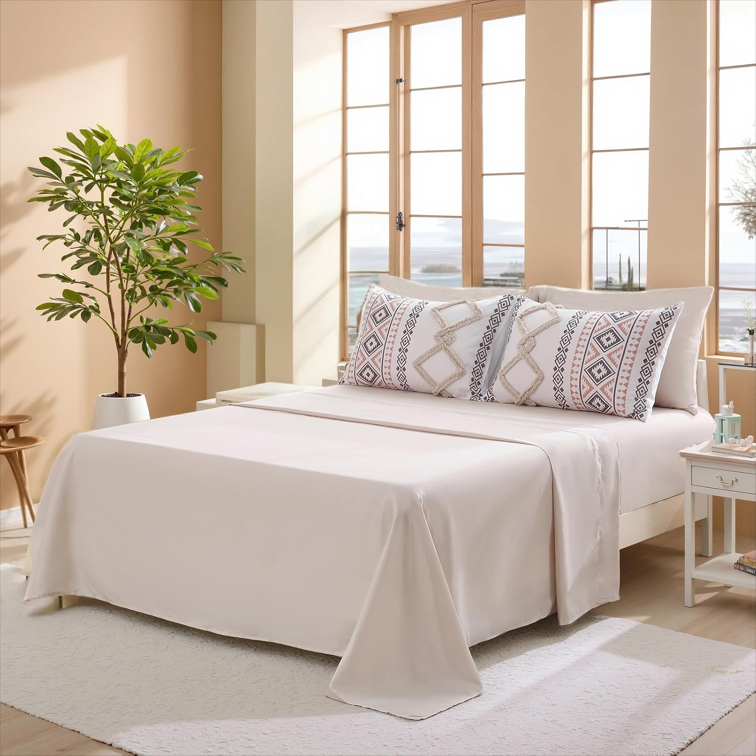 MOVE OVER Beige Tufted Comforter Set King Size 7 Pieces Boho Chic Farmhouse Bedding Set Bohemian Aztec Comforter Set and Sheet Set Modern Style Tufted Bedding Set for All Seasons