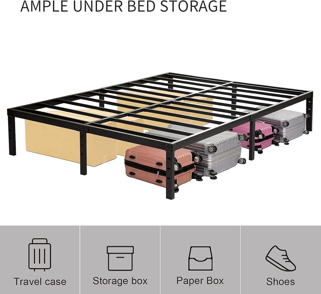 Wulanos Queen Size Bed Frame 18 inch Tall, 3500lbs Heavy Duty Metal Platform with Steel Slats Support, No Box Spring Needed, 18-inch Bedframe with Ample Storage, Sturdy and Noise-Free, Black