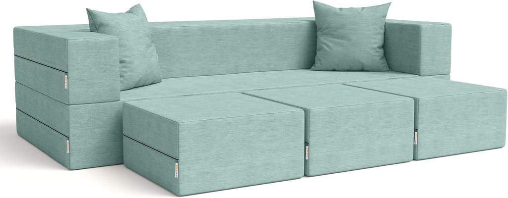 Jaxx Zipline Convertible Sleeper Sofa & Three Ottomans/California King-Size Bed, Textured Microvelvet - Caribbean