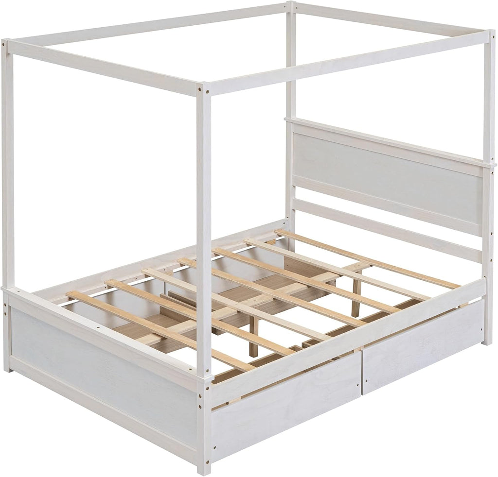 Harper & Bright Designs Wood Canopy Bed with Four Drawers,Full Size Canopy Platform Bed with Support Slats .No Box Spring Needed, Brushed White