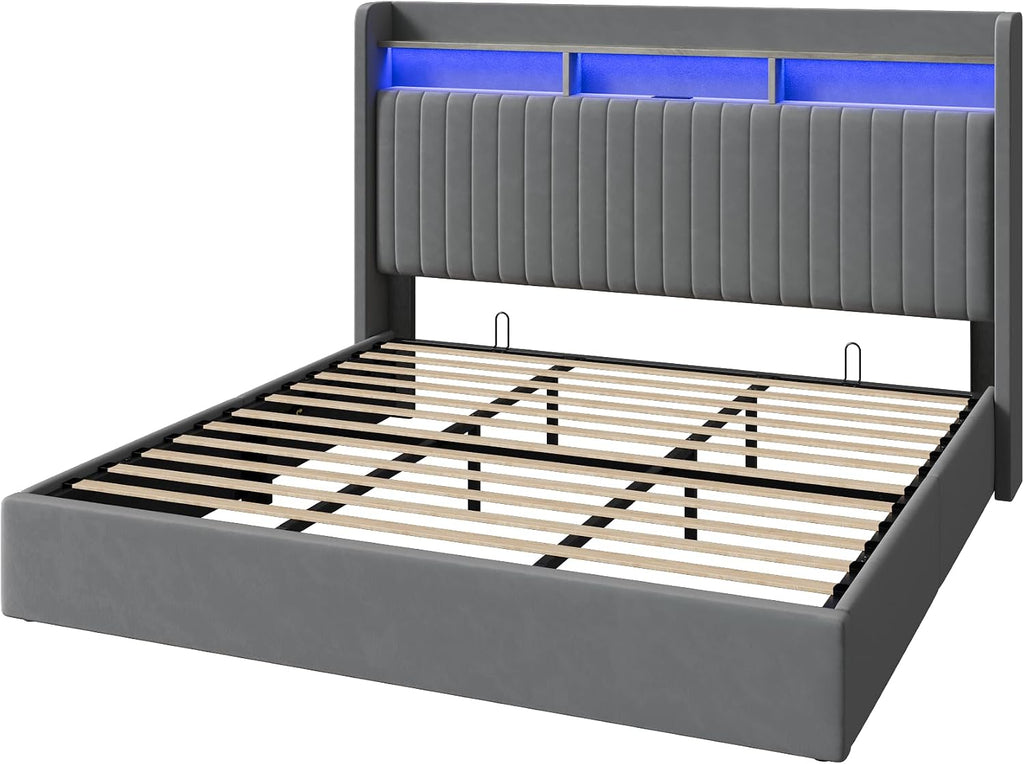 SHA CERLIN King Size Lift Up Storage Bed Frame/LED Lights/Charging Station/2-Tier Shelves Headboard/USB,Type-C Ports/Velvet Upholstered/Hydraulic Support/No Box Spring Needed/Noise Free/Gray