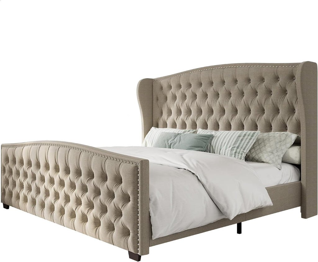 LUXOAK Queen Platform Bed Frame with Wingback Headboard, Velvet Upholstered Bed Frame with Handmade Button Tufted & Nailhead, Wooden Slats Support, Beige