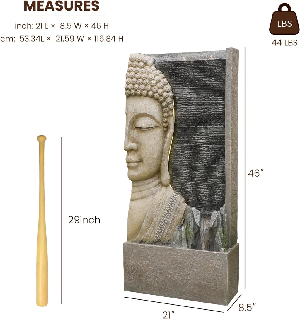 Tankana 47.5' Buddha Water Fountain Outdoor with LED Lights, Large Zen Garden Waterfall Feature with Double Bubblers and Stream, Resin Statue for Patio, Yard, Porch, Meditation Decor