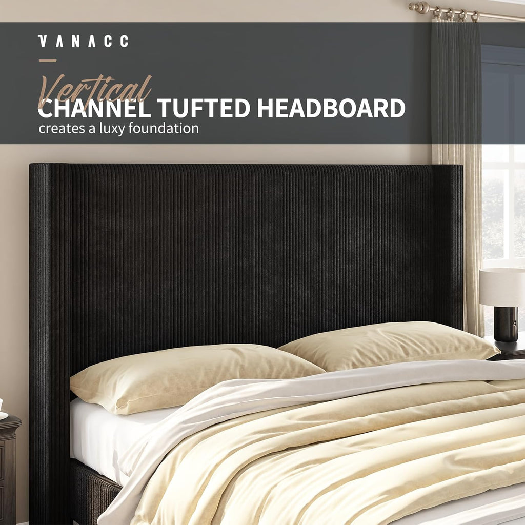 VanAcc Queen Size Platform Bed Frame, 50.8' Corduroy Upholstered Bed with Vertical Channel Tufted Headboard/Wooden Slats/Wingback/No Box Spring Required/Black