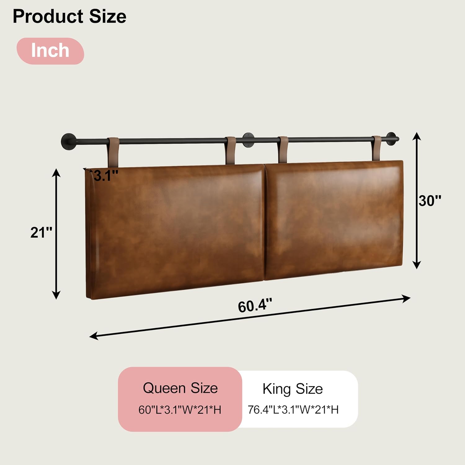 Queen Size Headboard, Wall Mounted Hanging Upholstered Bed Headboard with Modern Design Faux Leather Padded Headboards Ideal for Bedroom (Brown Leather, Queen