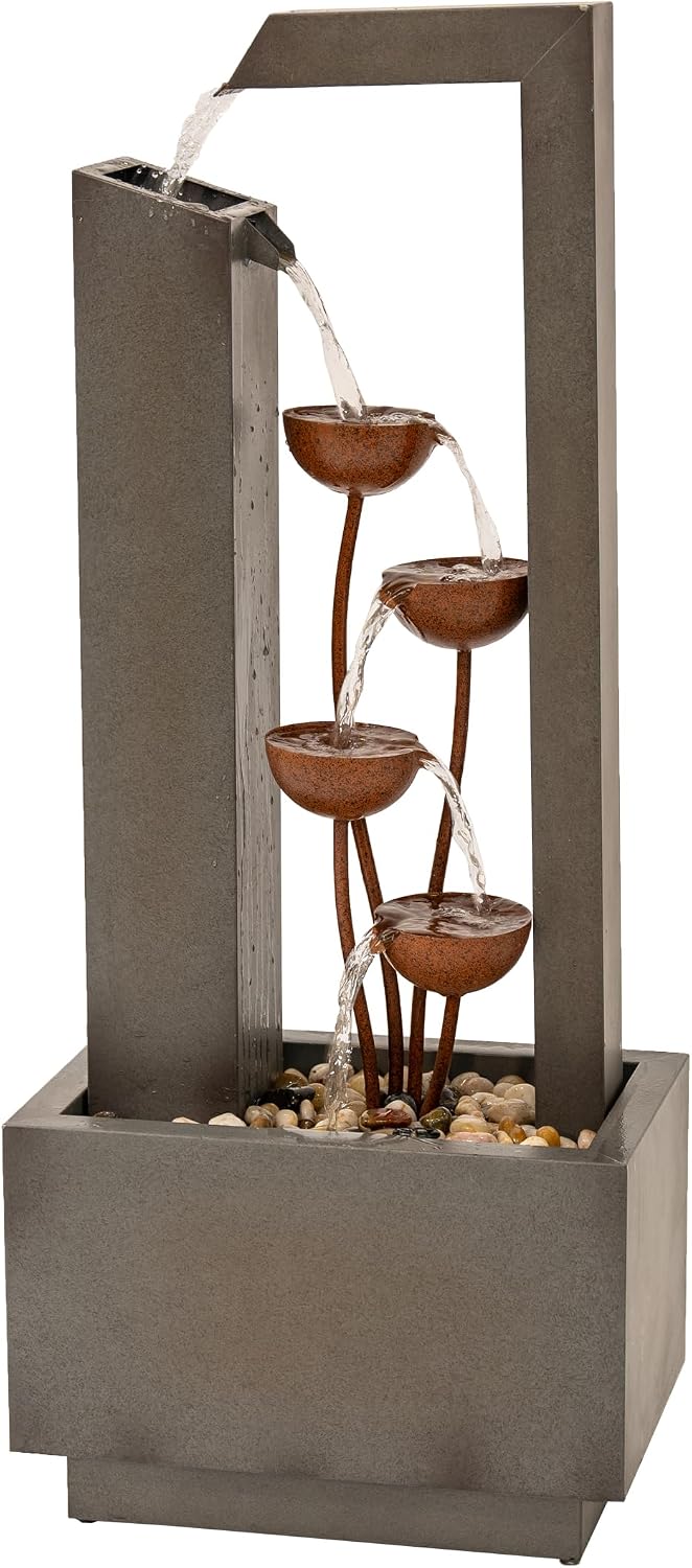 XBrand 38' Tall Gray and Bronze Metal Sculptural Flower Multi-Tier Freestanding Water Fountain for Indoor & Outdoor Use, Decorative Garden Patio Backyard Water Feature
