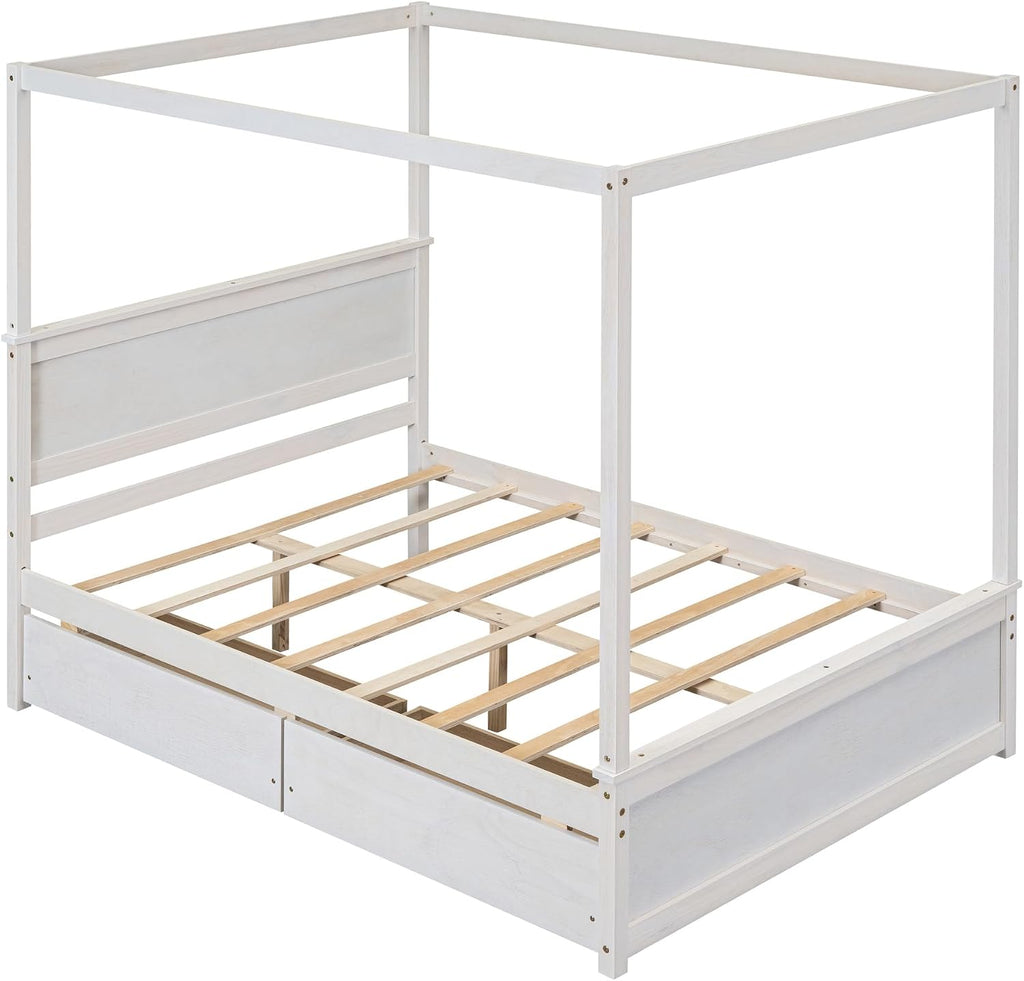 Harper & Bright Designs Wood Canopy Bed with Two Drawers, Full Size Canopy Platform Bed with Support Slats .No Box Spring Needed, Brushed White