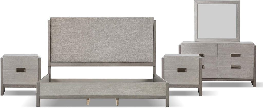 Furniture of America Burnett Solid Wood 5-Piece Bedroom Set, King-Size Bed with Padded Headboard, Felt-Lined Top Drawer, Stability and Durability Frame, Box Spring Required, Gray