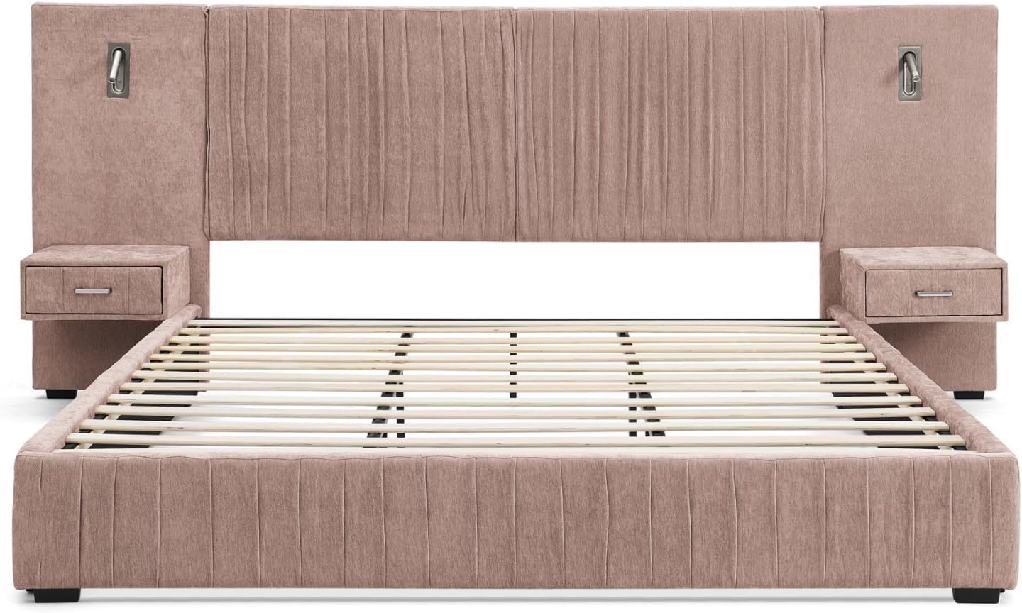 KEIKI Queen Size Chenille Bed Frame with 2 Nightstands, Lamps & Oversize Headboard, Solid Wood Frame Platform Night Stand Bedroom Set, Upholstered Floor Grounded Bed, No Box Spring Needed, Pink