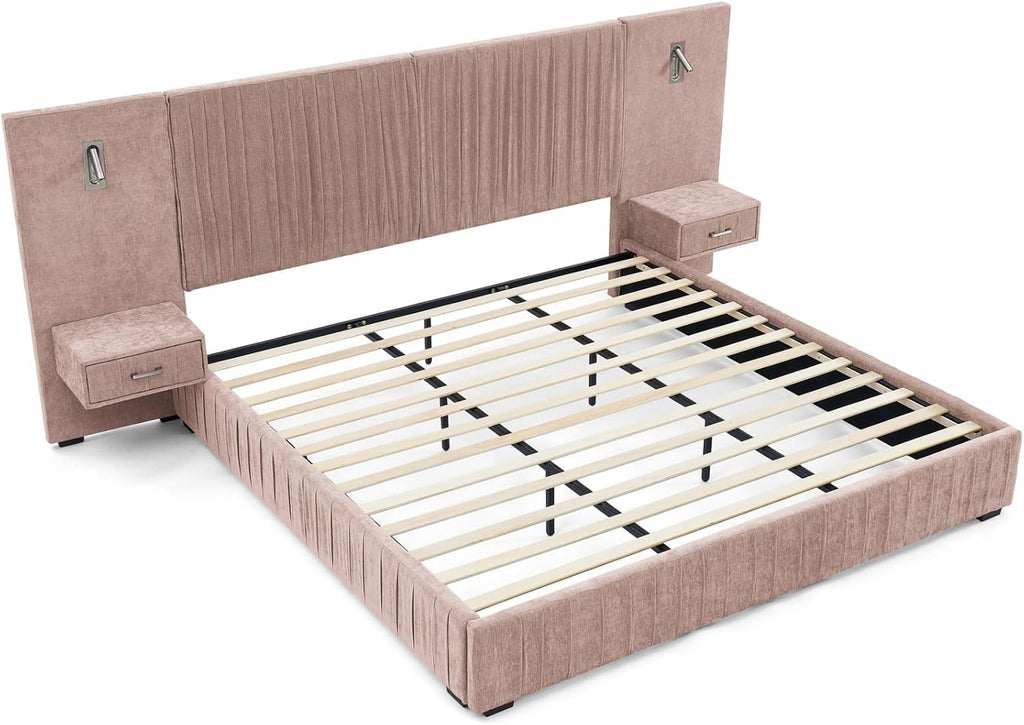 KEIKI Queen Size Chenille Bed Frame with 2 Nightstands, Lamps & Oversize Headboard, Solid Wood Frame Platform Night Stand Bedroom Set, Upholstered Floor Grounded Bed, No Box Spring Needed, Pink