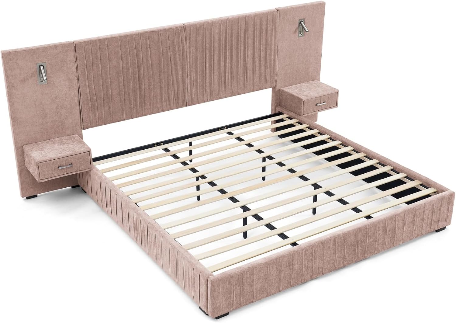 KEIKI Queen Size Chenille Bed Frame with 2 Nightstands, Lamps & Oversize Headboard, Solid Wood Frame Platform Night Stand Bedroom Set, Upholstered Floor Grounded Bed, No Box Spring Needed, Pink