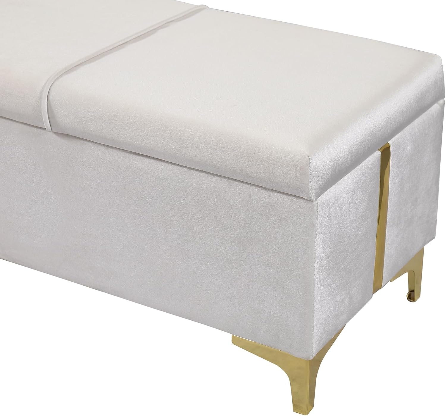 2 Pieces Bedroom Sets, Queen Size Velvet Upholstered Platform Bed with Hydraulic Storage System and Gold Decoration, Storage Ottoman with Metal Legs, Modern Design (Beige)