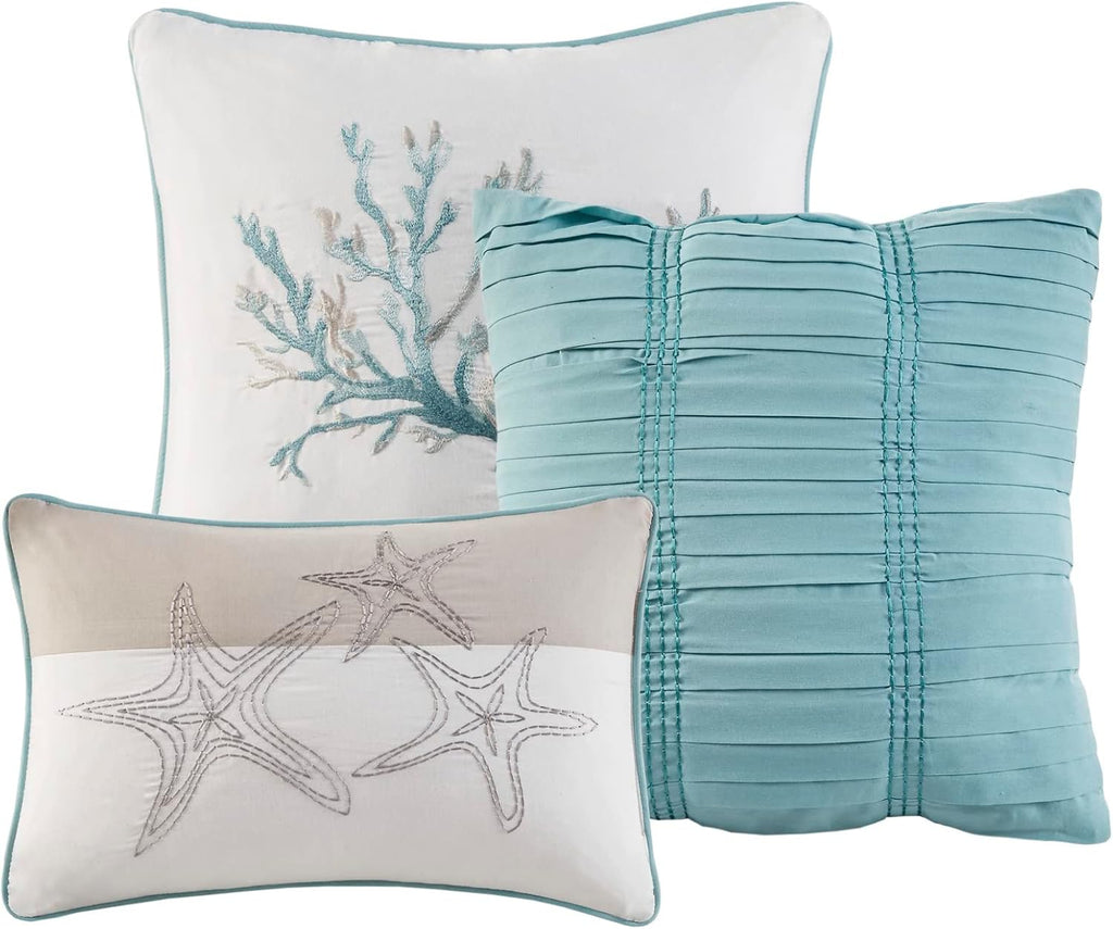 Madison Park Pebble Beach 100% Cotton Comforter Set - Coastal Coral, Starfish Design All Season Down Alternative Cozy Bedding with Matching Shams, Decorative Pillow, King(104'x92') Aqua 7 Piece