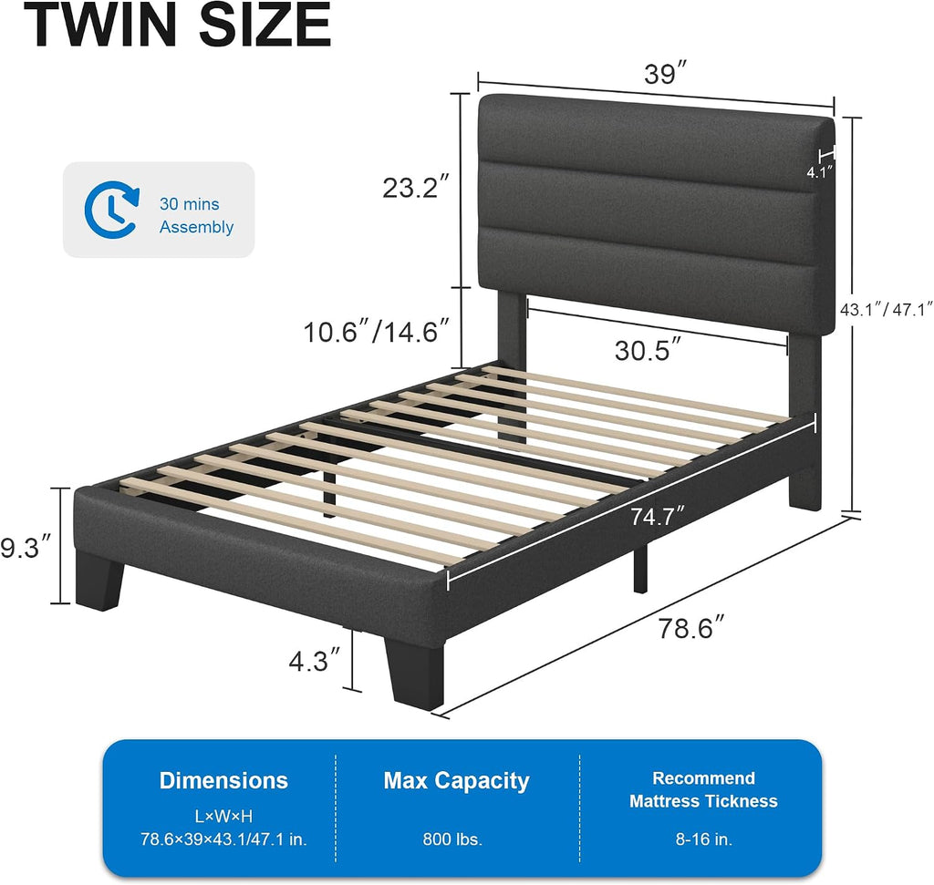 GOLDORO Twin Size Platform Bed Frame with Upholstered Headboard, Wooden Slats Support, No Box Spring Needed, Easy Assembly, Dark Grey