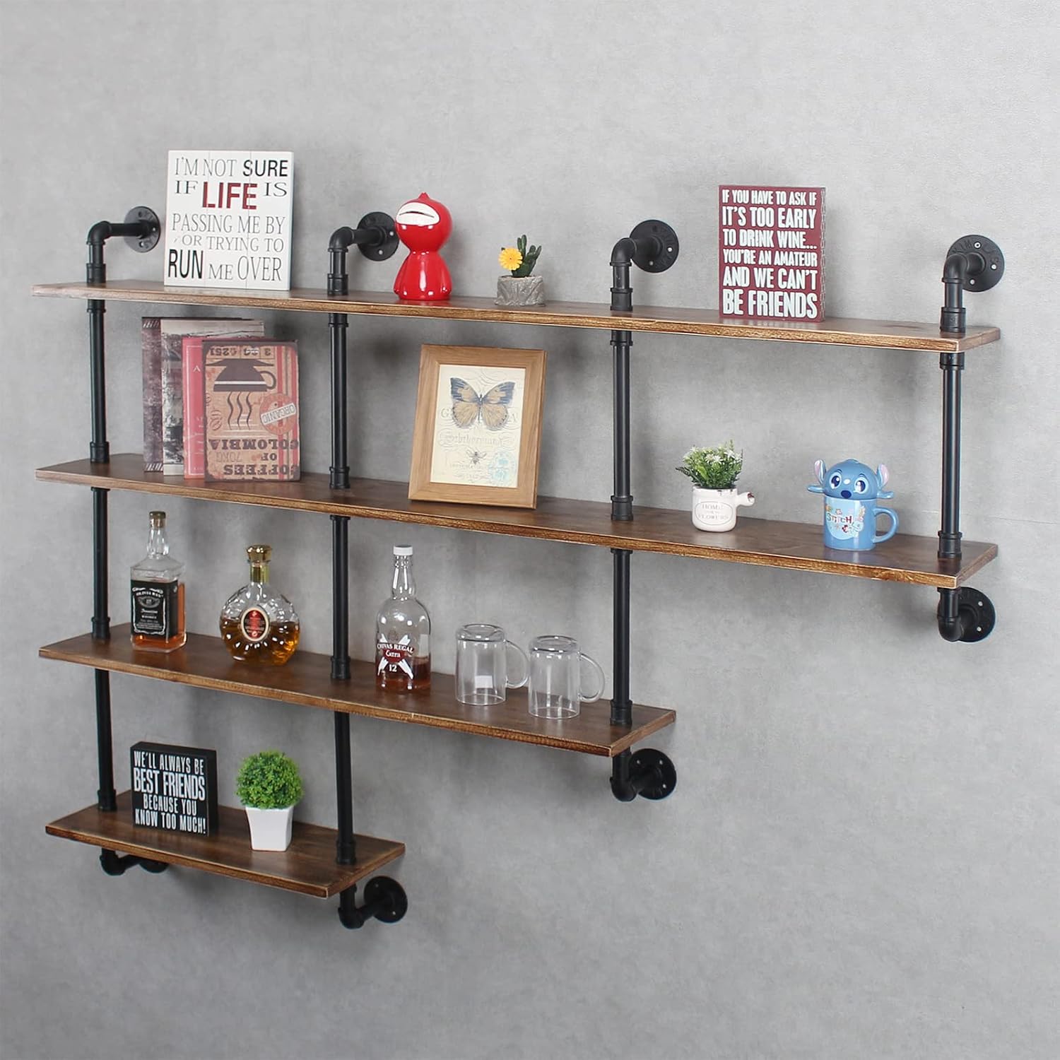 MBQQ 4-Tiers 63inch Industrial Pipe Shelving,Rustic Floating Shelves,Shelves Wall Mount with Wine Rack,Decorative Accent Wall Book Shelf for Kitchen or Office Organizer,Brown