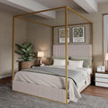 King Size Metal Canopy Bed with Tall Upholstered Channel Headboard and Gold 4 Poster, No Box Spring Needed (Beige+Gold, King)