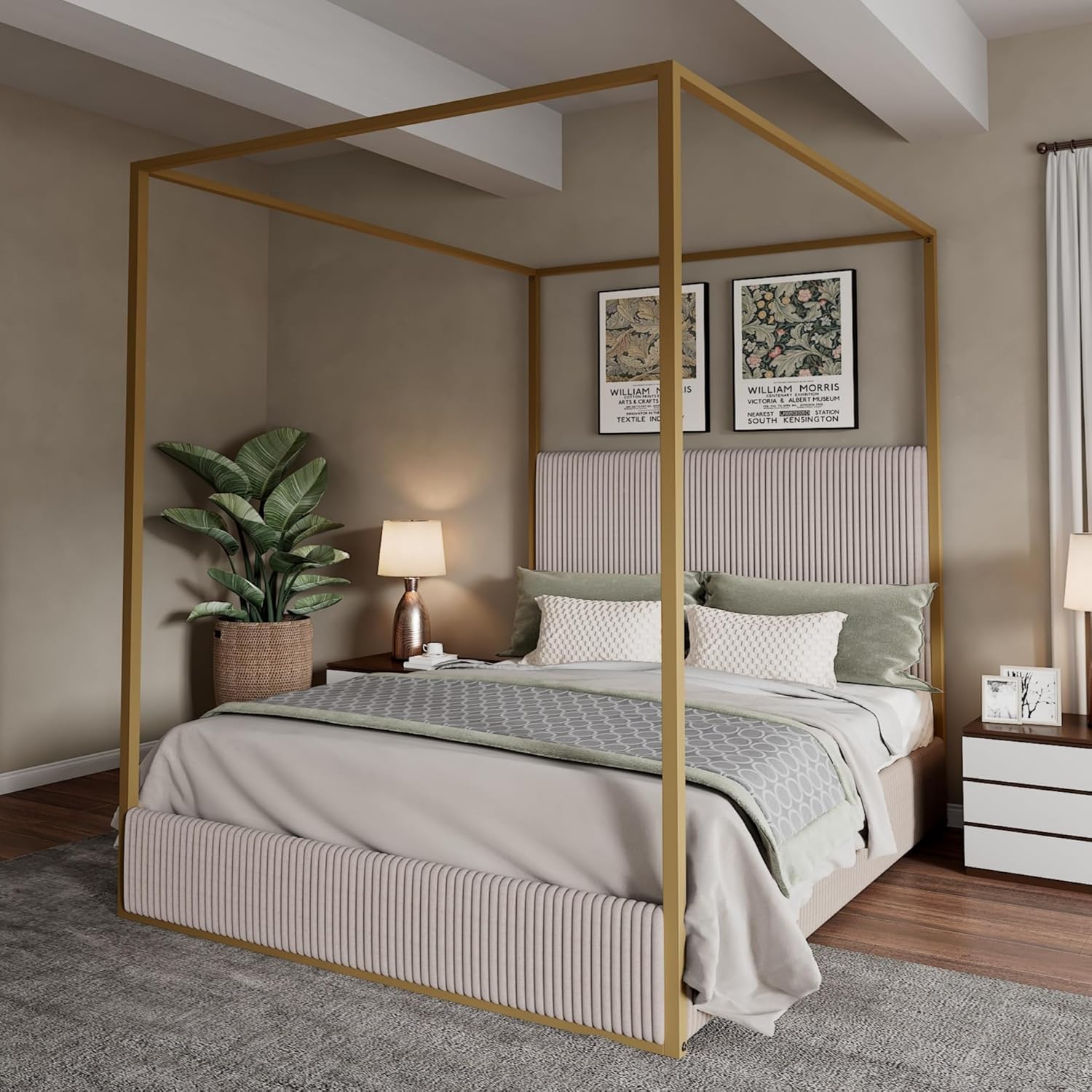 King Size Metal Canopy Bed with Tall Upholstered Channel Headboard and Gold 4 Poster, No Box Spring Needed (Beige+Gold, King)