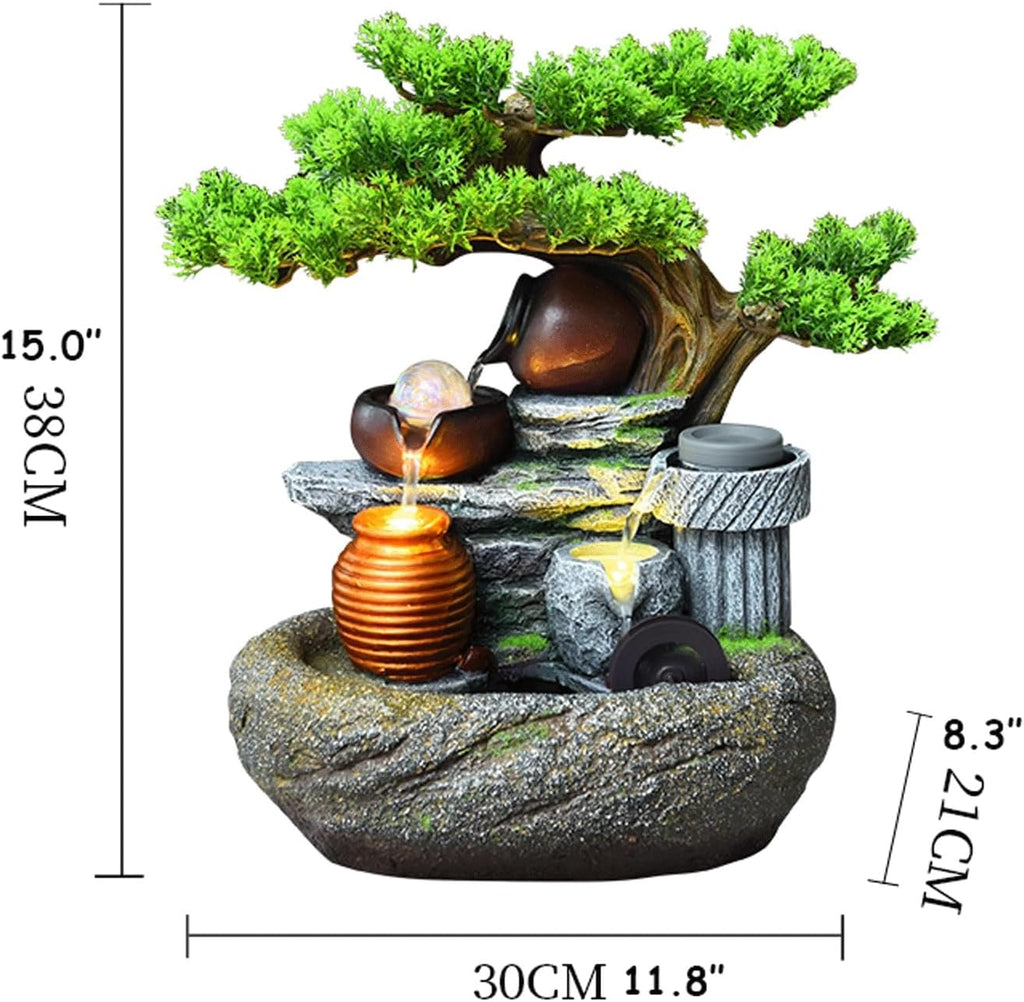 Rockery Stream Tabletop Fountain Desktop Waterfall Feature with Artificial Tree & Glass Bead Indoor Water Fountain for Home