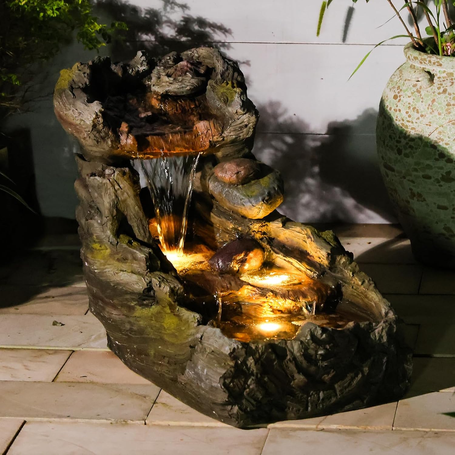 Sunlinua 23.62' L Outdoor Water Fountain with 3 Tiers Cascading Realistic Tree Trunk Waterfall Fountains with LED Lights Outdoor Water Fountain for Garden Patio Backyard Porch Home Decor