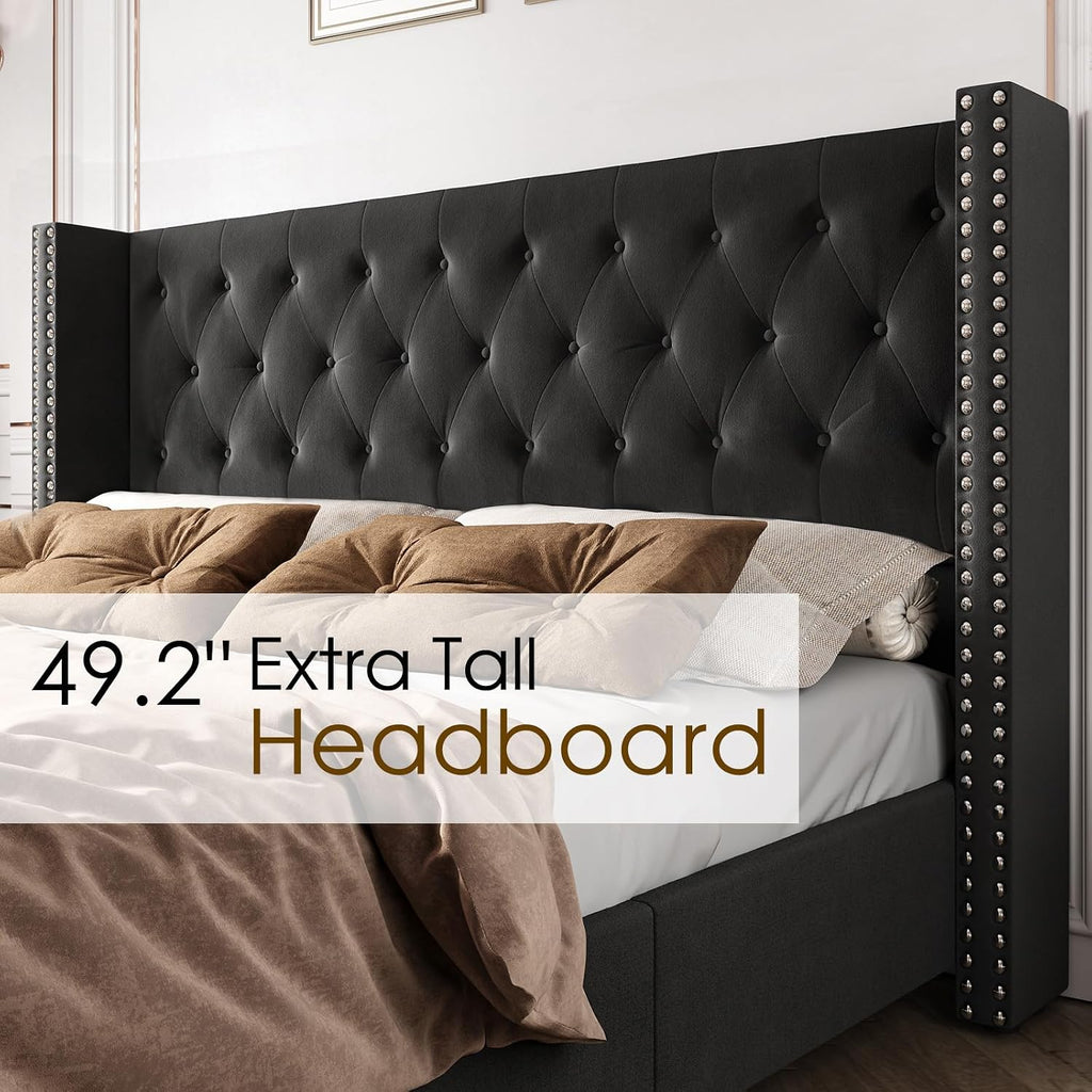 PaPaJet Upholstered Queen Bed Frame with Tall Headboard, Wingback Platform Bed, Low Profile Velvet Tufted Button, No Box Spring Needed, Easy Assembly, Black