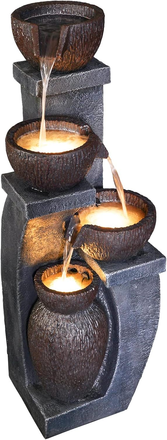37.4'H Water Fountain Outdoor 4- Crocks Modern Garden Fountains LED Lighted Floor Fountain Natural Polyresin Decor for Garden, Patio, Backyard Ard and Home Art DéCor