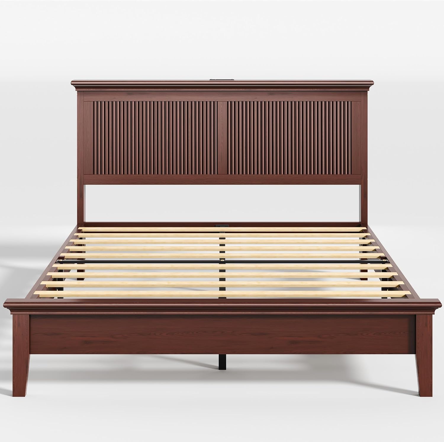 Lifezone Queen Bed Frame with Headboard, Solid Wood Bed Frame Queen Size with Charging Station & RGB LED, Wood Slats Support, Noise-Free, Sturdy Structure, Easy Assembly, Mahogany