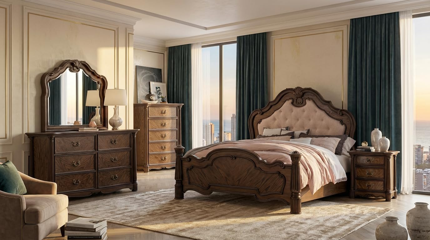 First of a Kind Nicole Traditional 5 Piece Queen Bedroom Set with Upholstered Tufted Headboard Elegant Classic Design Coordinated Furniture Collection